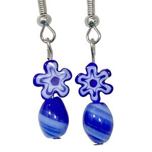 Murano Style Cobalt Blue Art Glass Bead Flower Earrings Silver Tone Dangle Swirl